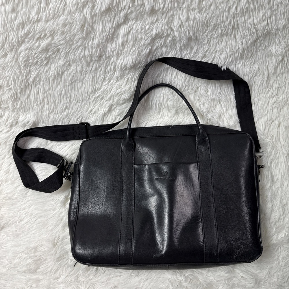 Micmacbags‎ Black Leather Laptop Briefcase Messenger Shoulder Work Bag 15.5"